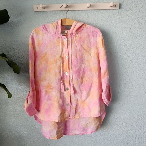 Rachel Zoe 100% linen tiedye hoodie side pockets highlow swtshirt style blouse - Picture 1 of 15